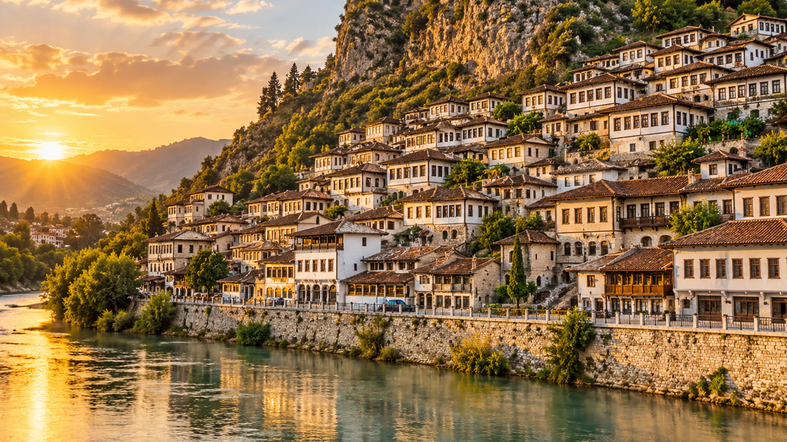 Historiske hus i Berat Albania ved elven
