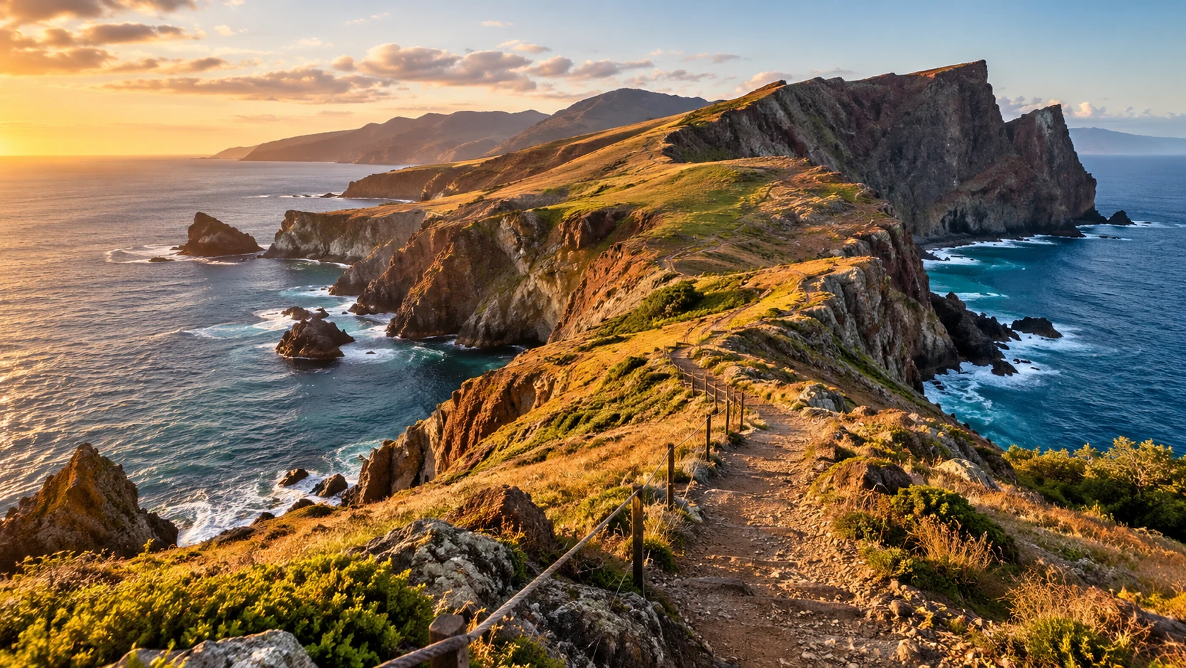 Rugged volcanic headland and coastal walking trail in Madeira