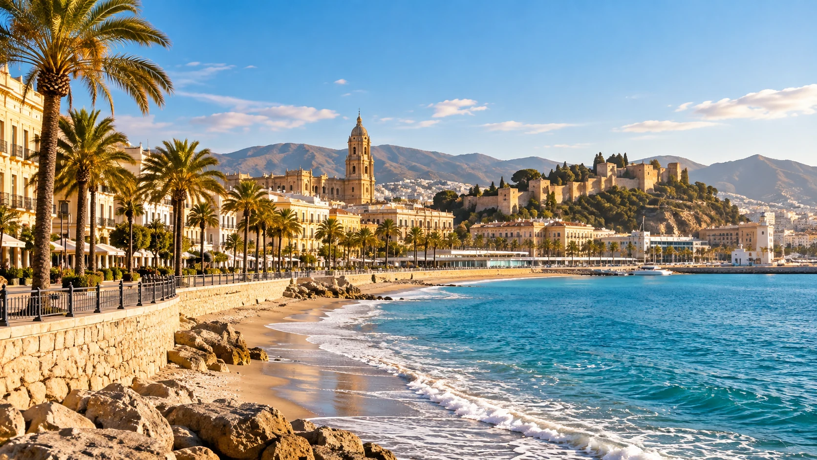Málaga waterfront with palm trees, cathedral and hillside fortifications