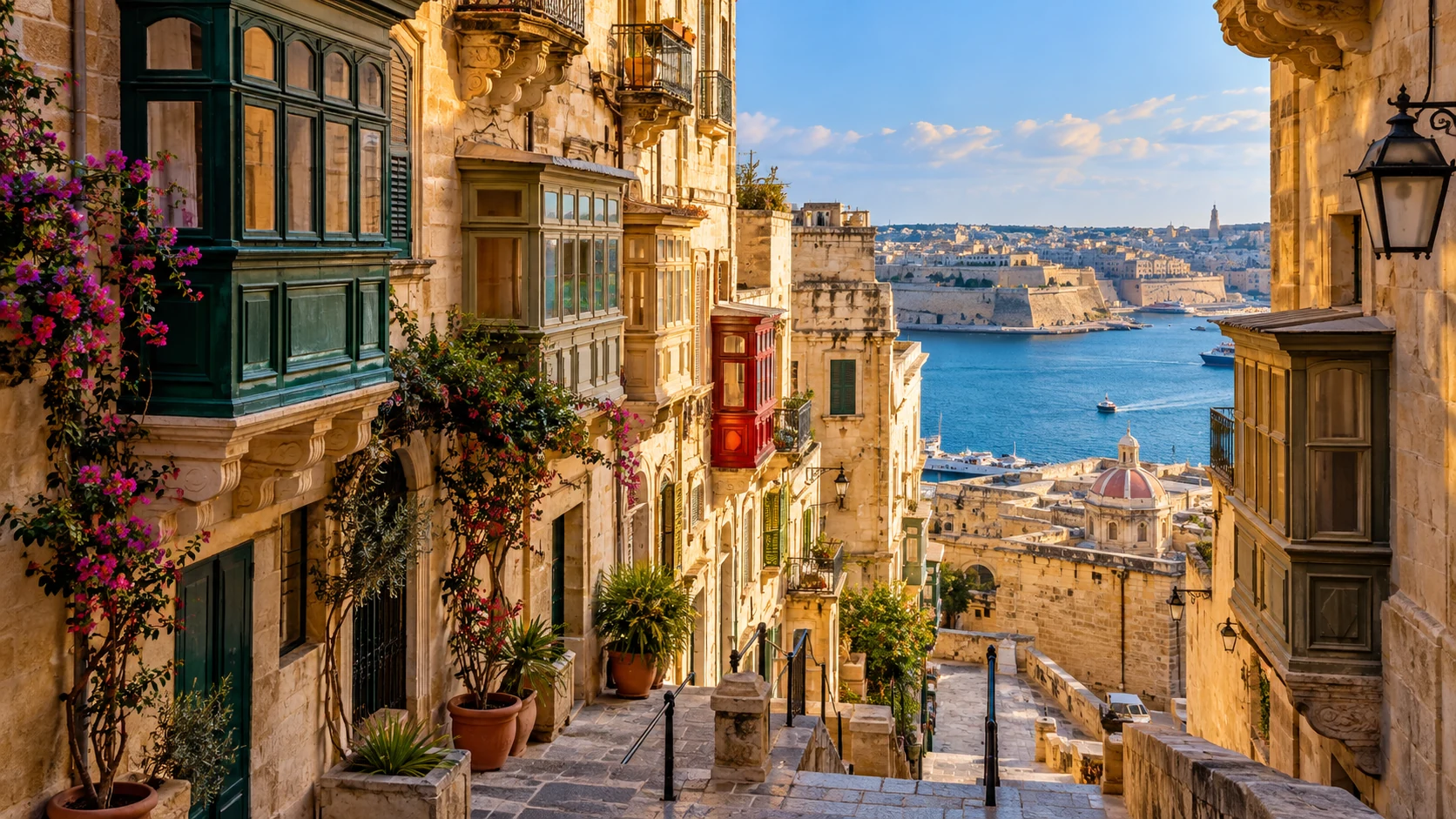 Historic limestone street in Valletta overlooking the harbour