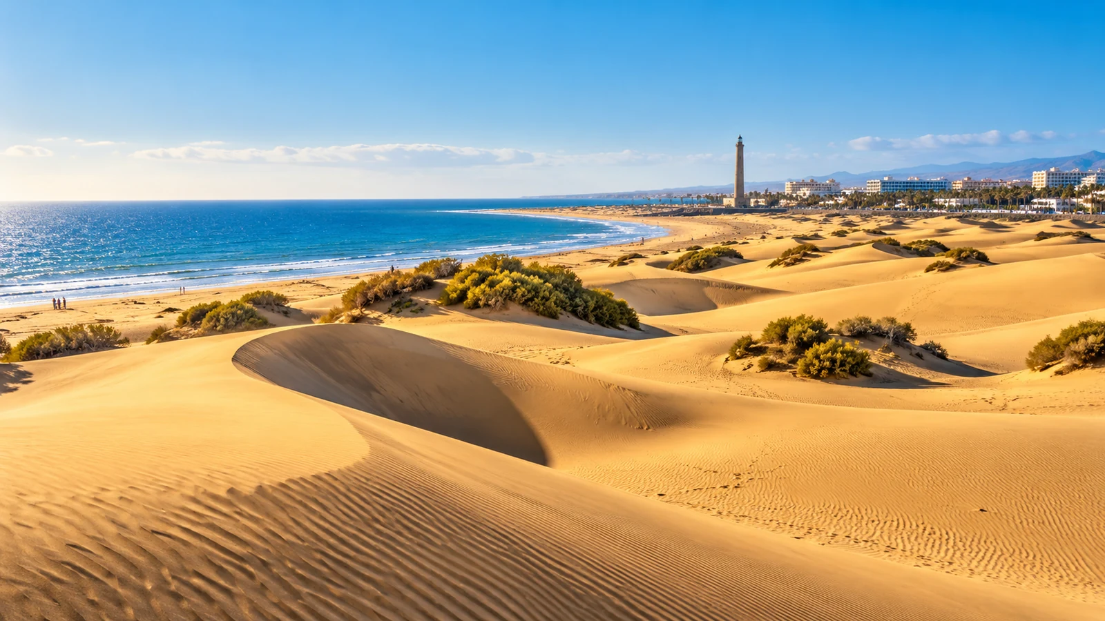 Golden Maspalomas dunes beside the Atlantic Ocean in Gran Canaria