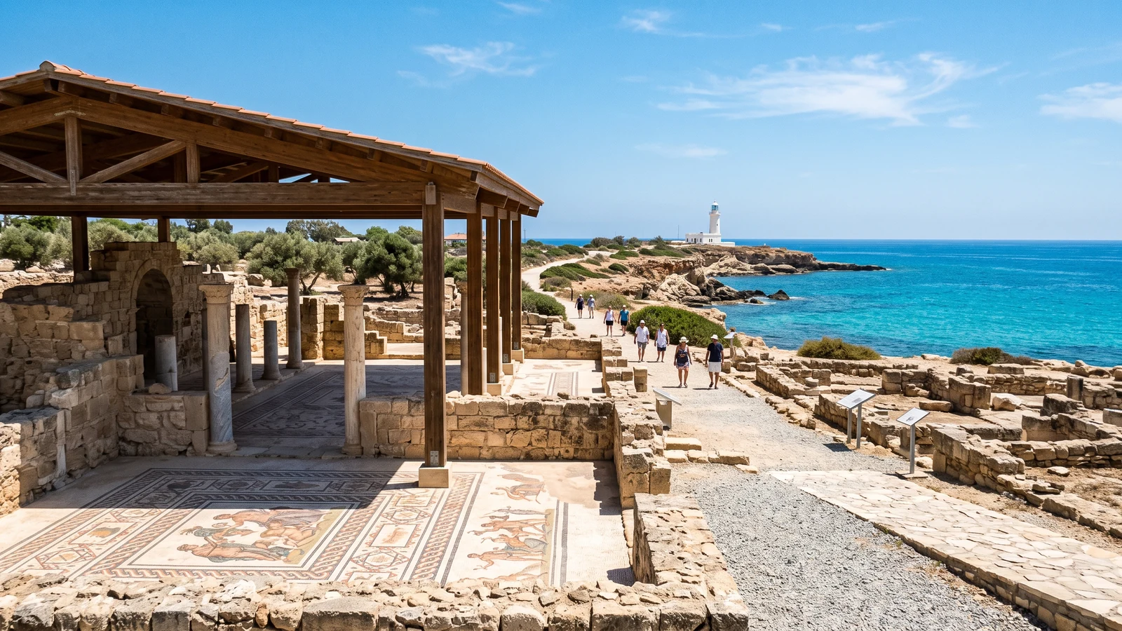 Ancient stone ruins and mosaic floors beside the coast in Paphos