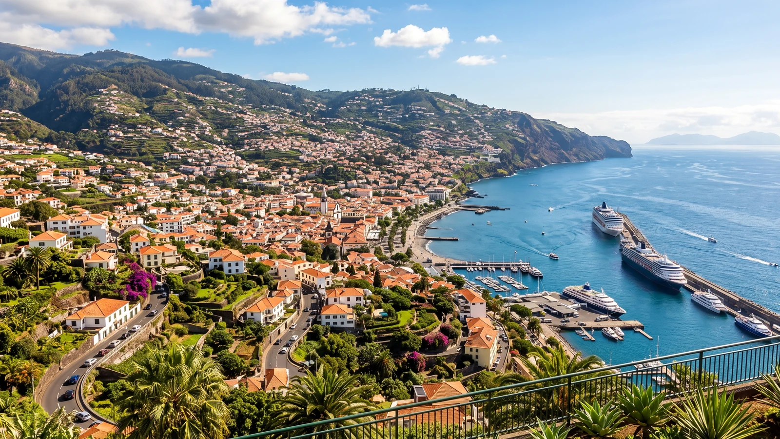 Funchal rooftops and green hills overlooking the harbour and Atlantic Ocean