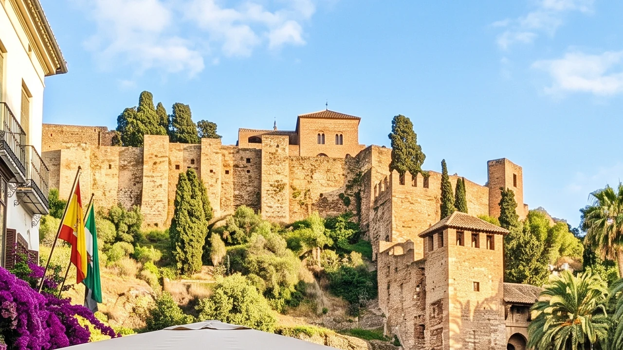 Historic hilltop fortifications framed by buildings and greenery in Málaga