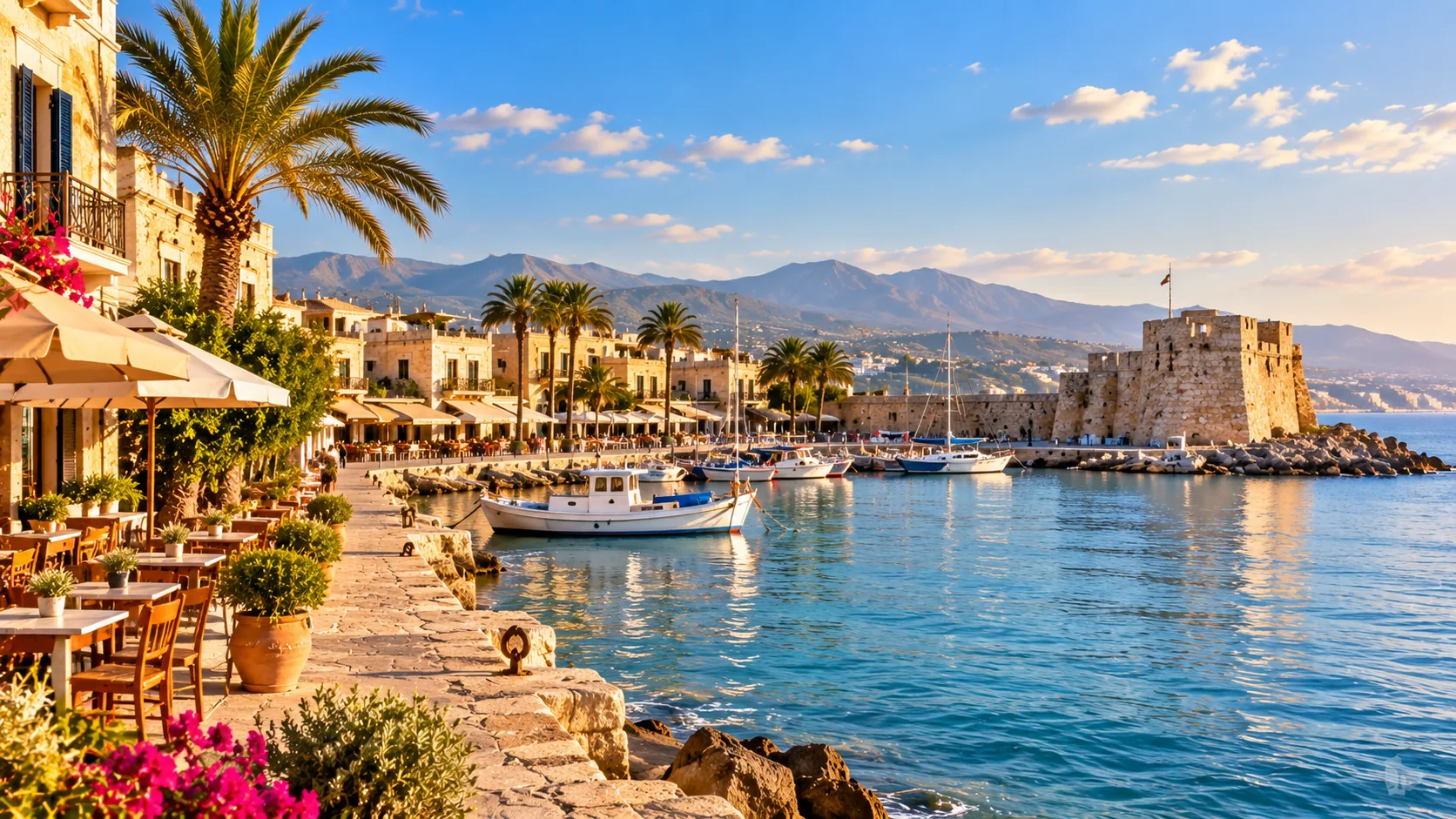 Historic Mediterranean harbor with stone fortifications and palm trees in Cyprus
