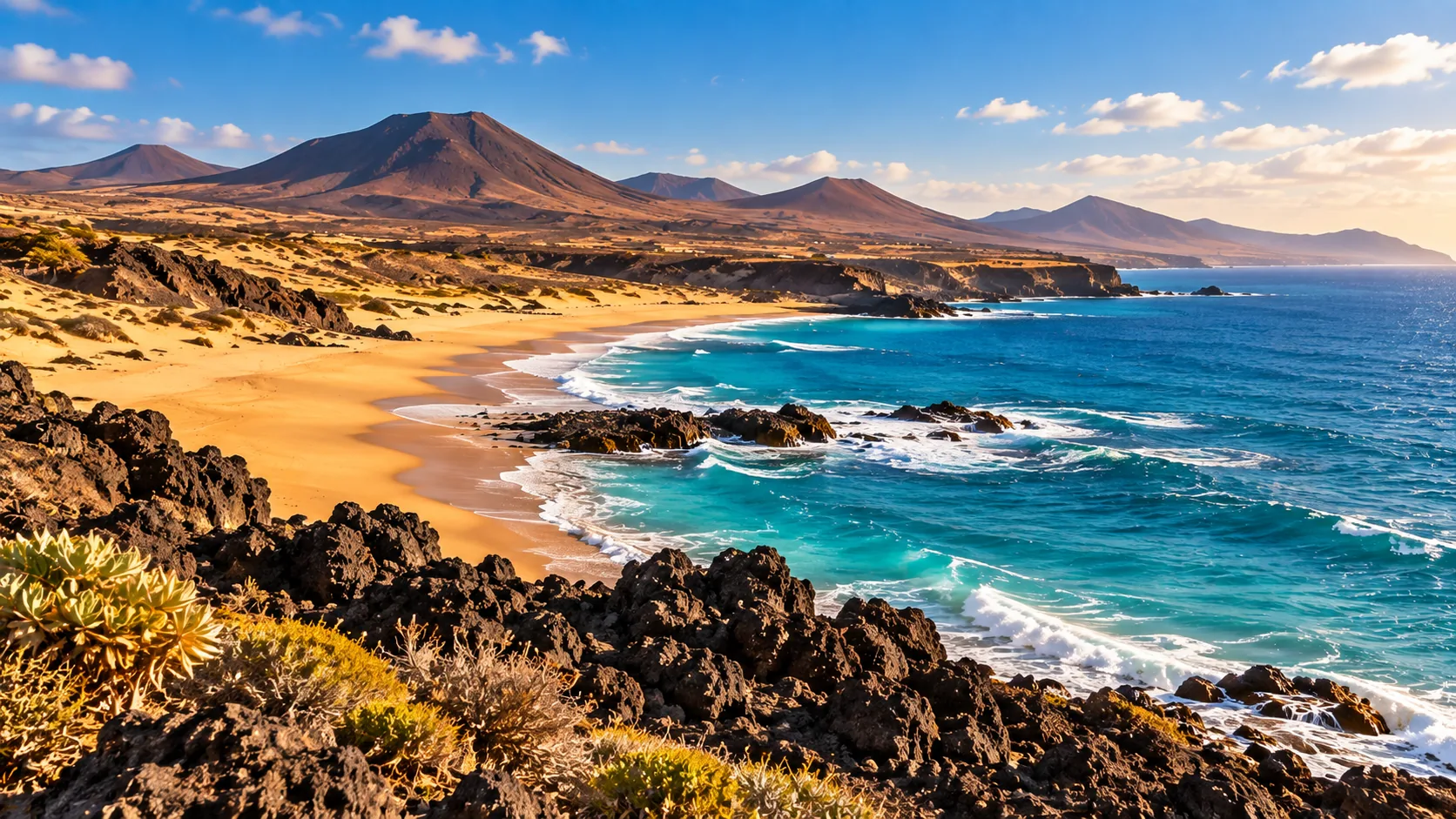 Volcanic coastline with golden beaches and turquoise Atlantic water in the eastern Canary Islands