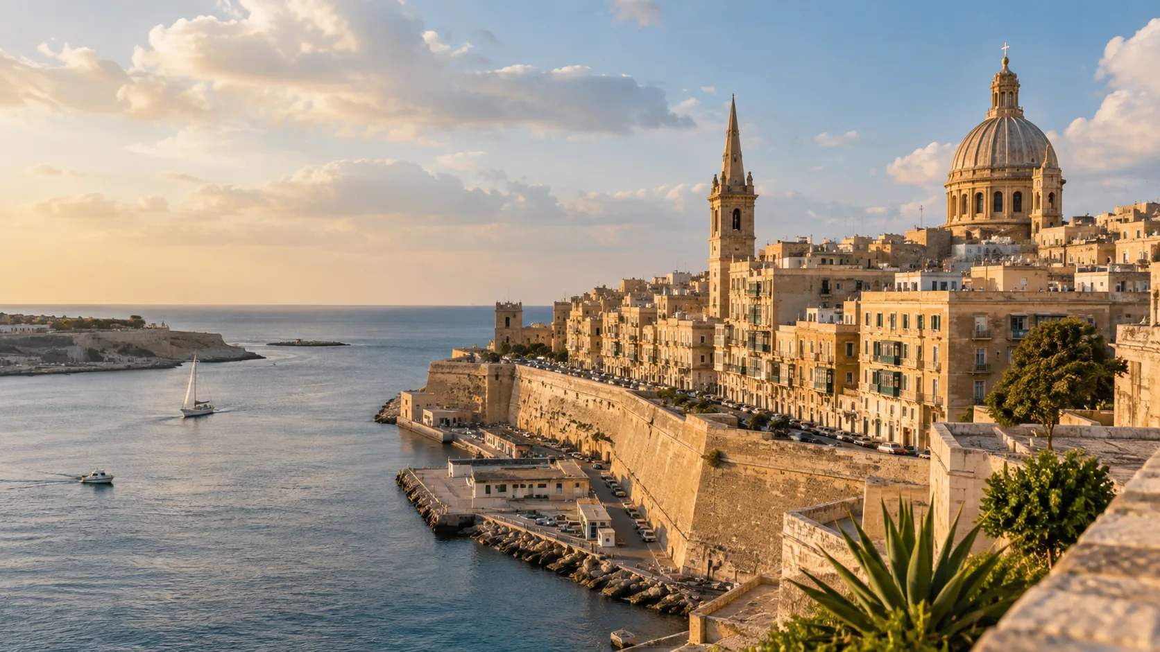Valletta waterfront with limestone buildings, fortifications and a domed skyline
