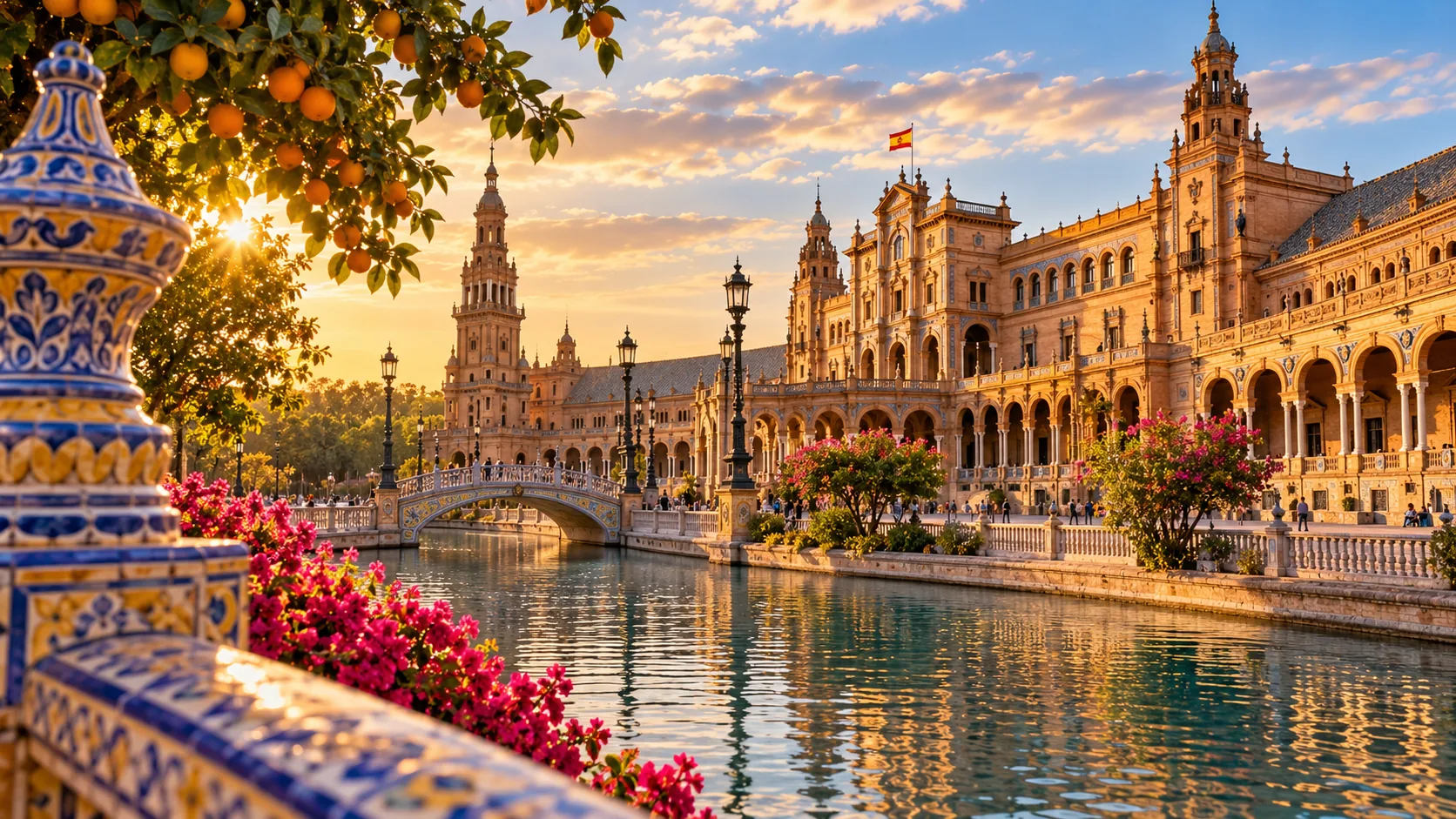Plaza de España in Seville glowing in warm autumn sunlight