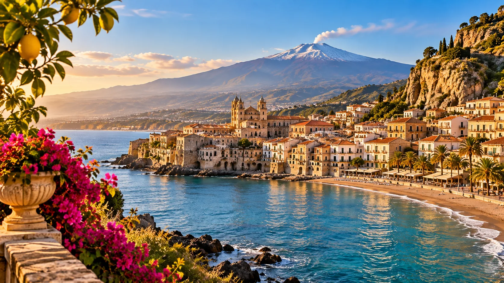 Historic Sicilian coastal town with Mount Etna rising in the background