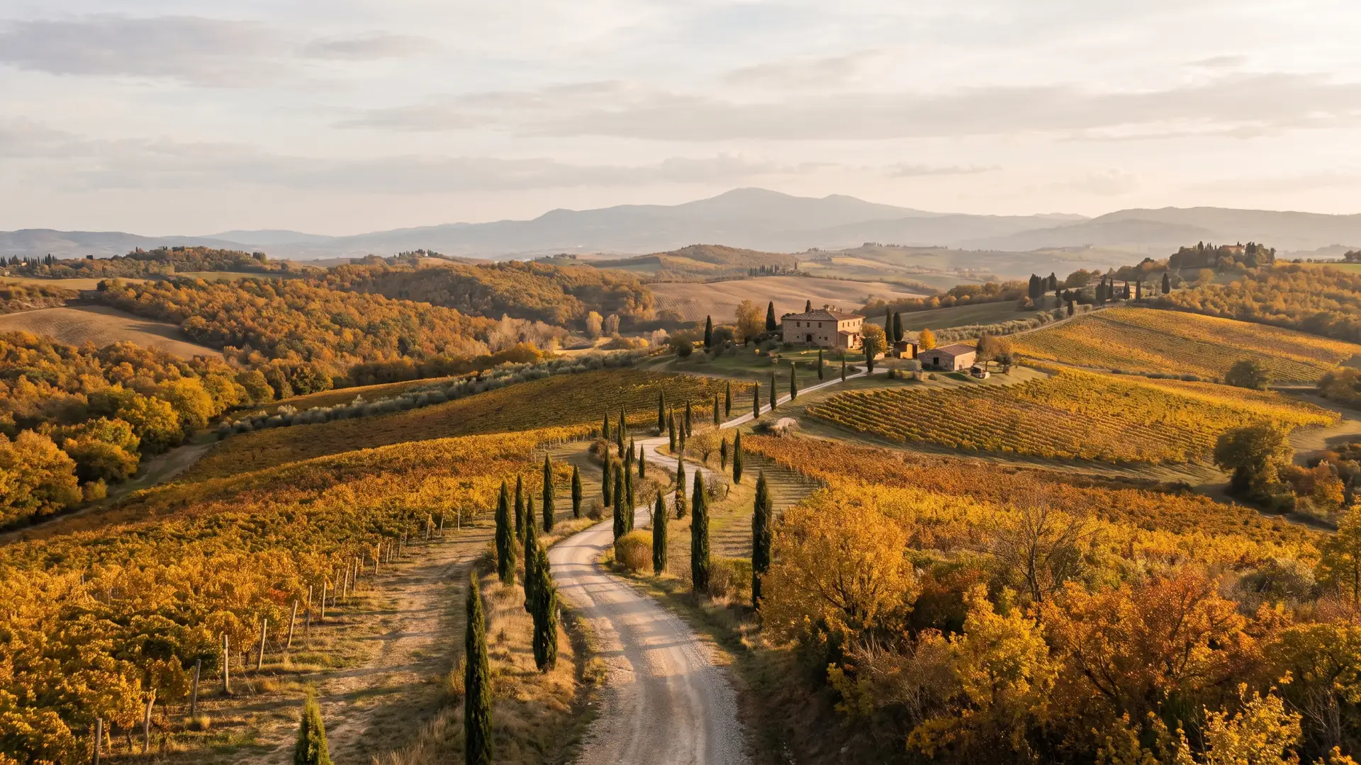 Tuscan vineyards and rolling hills with golden autumn foliage in October