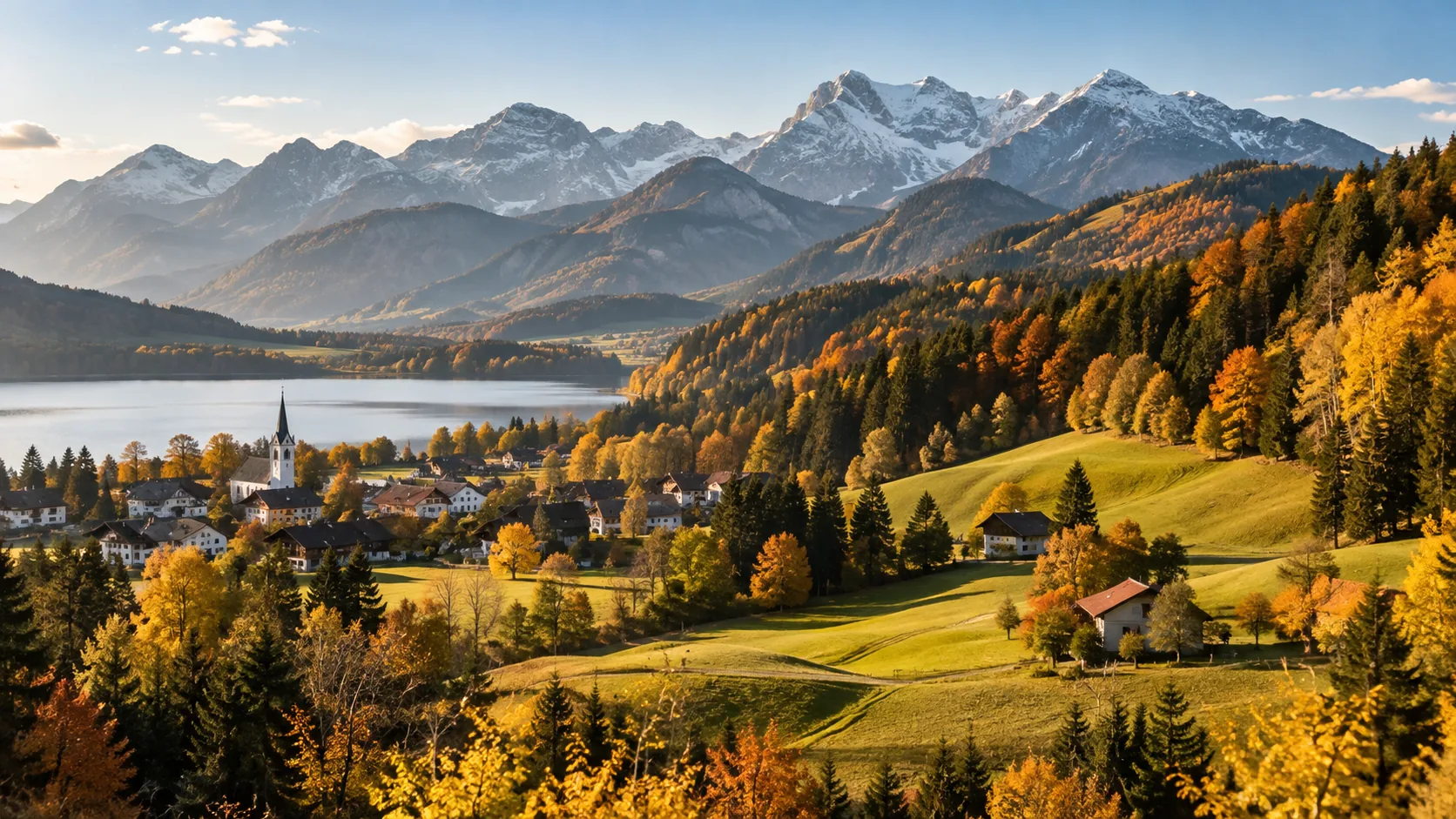 Alpine landscape in Bavaria with autumn forest and mountain scenery
