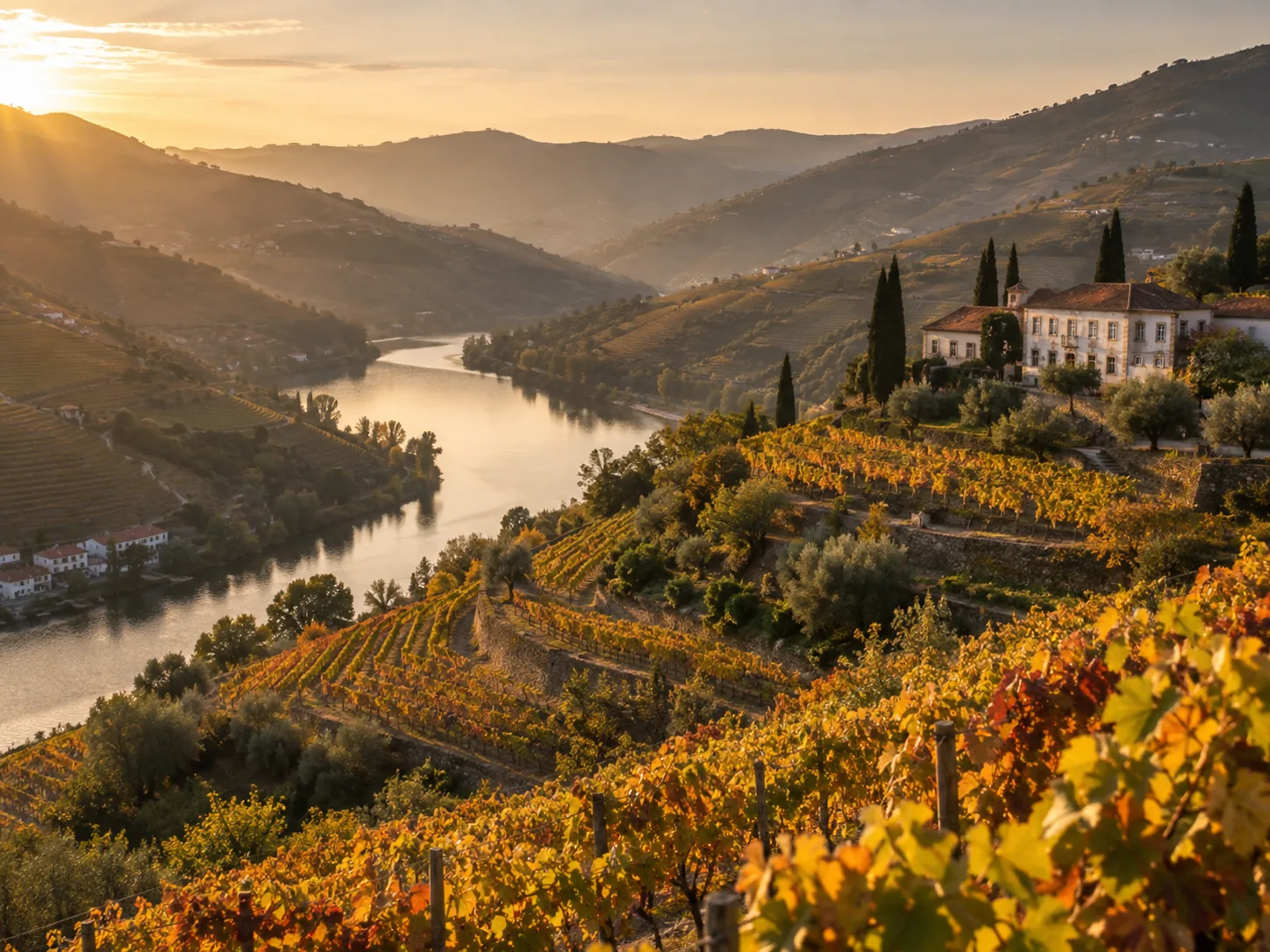 Terraced vineyards overlooking the Douro River in autumn