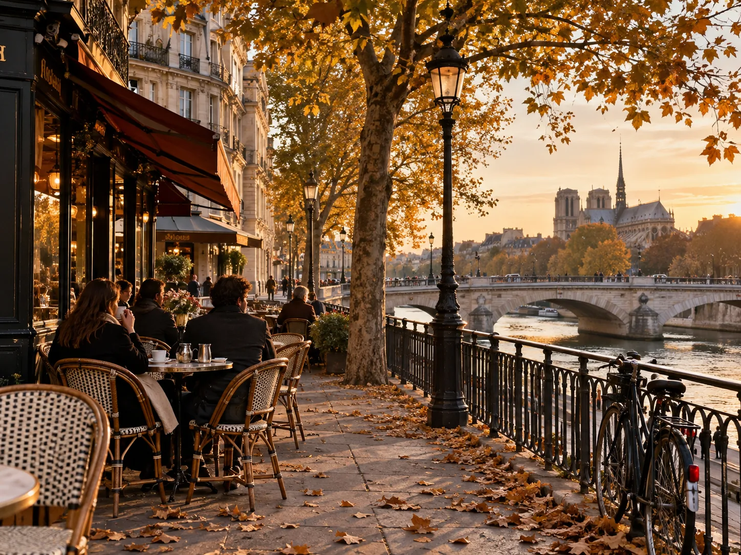 Paris riverside café and autumn trees beside the Seine