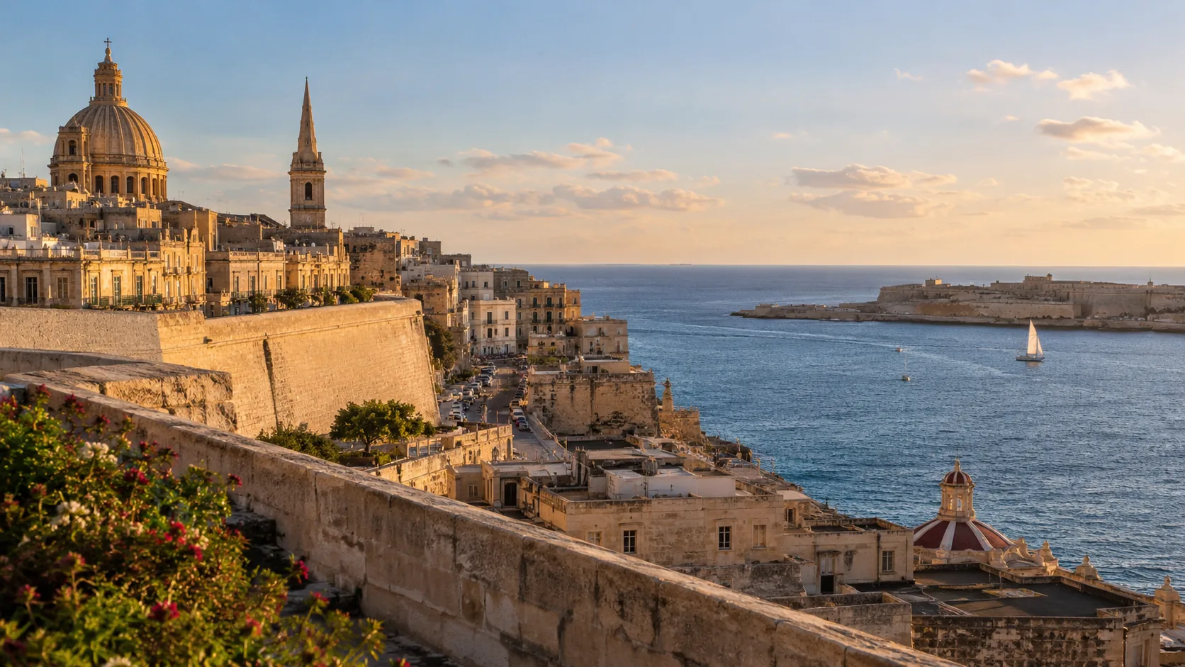 Valletta historic skyline and Mediterranean coast in warm autumn light