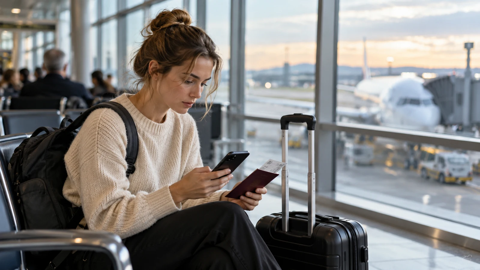 Reisende med pass, telefon og håndbagasje på flyplassen før avreise