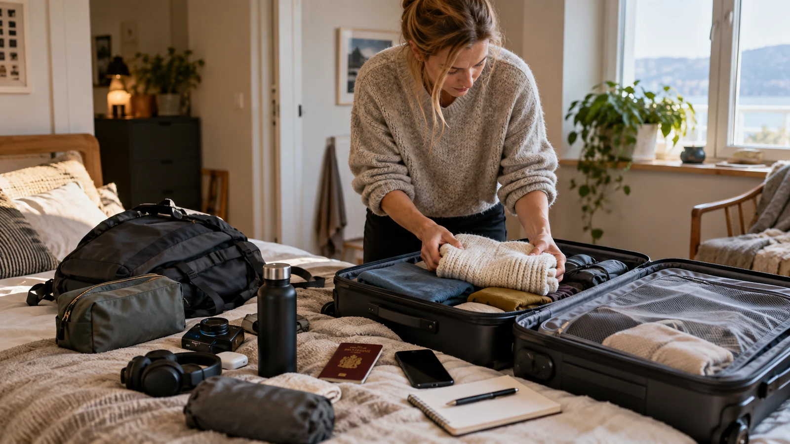Reisende pakker koffert med pass, telefon og reiseutstyr før avreise