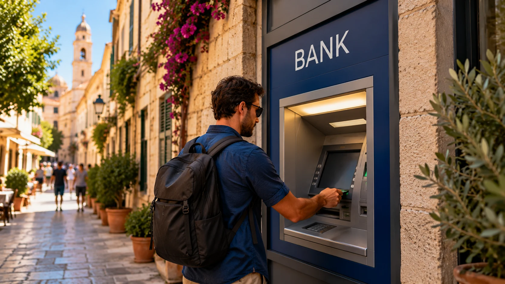 Traveler using a bank-affiliated ATM in a European city