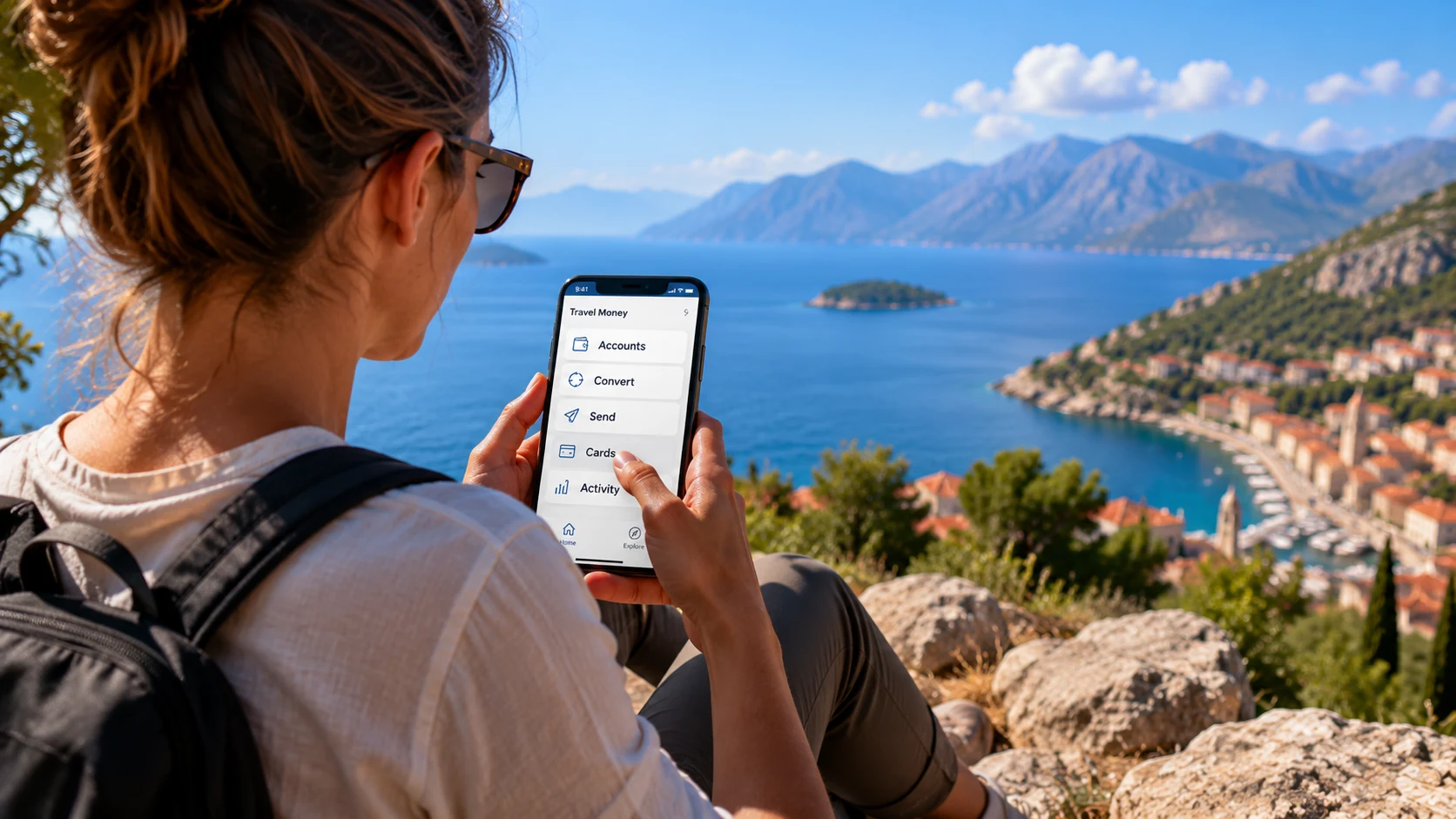 Traveler managing travel money and card settings on a smartphone abroad