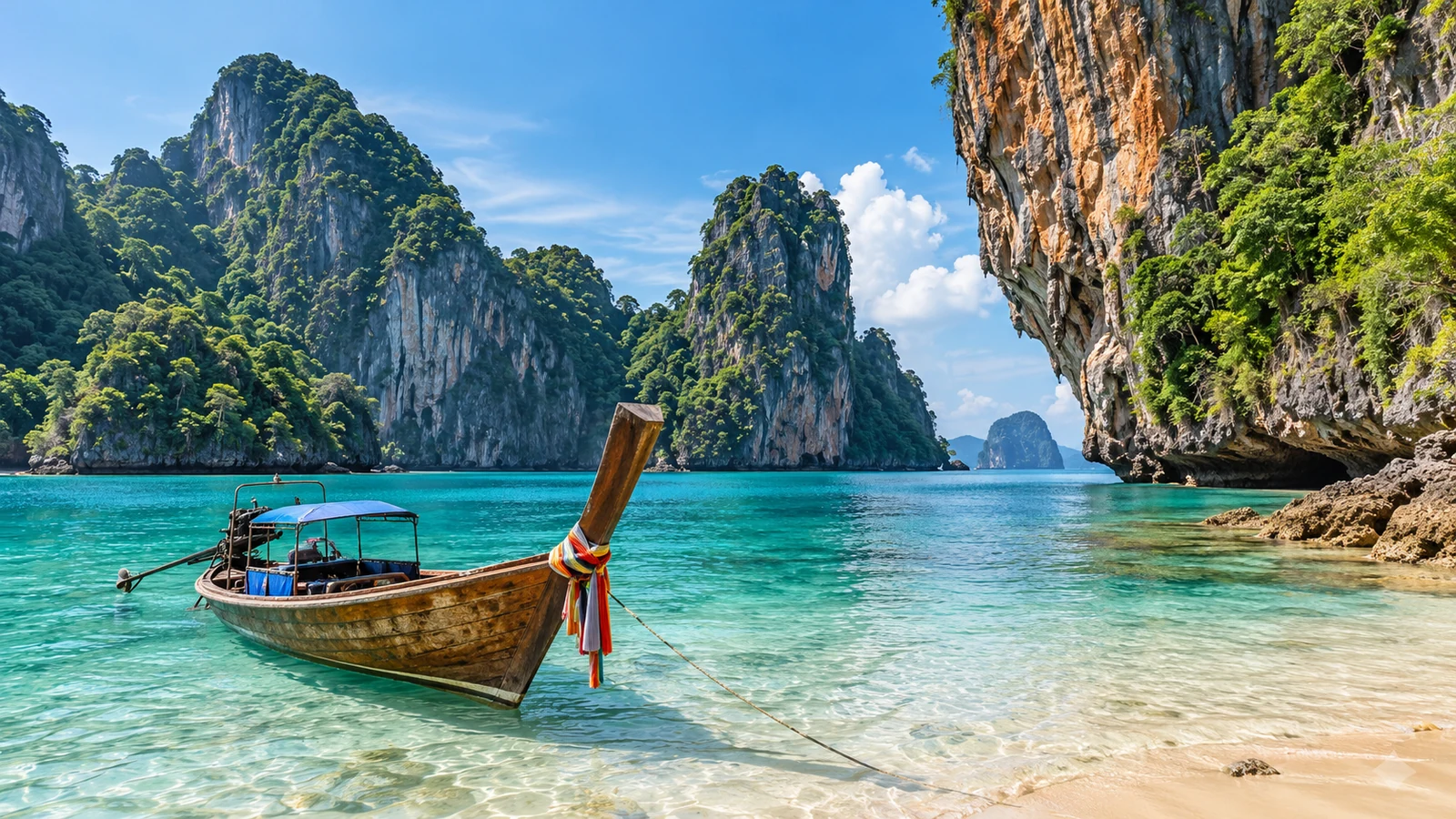 Long-tail boat on turquoise water beneath limestone cliffs in Krabi