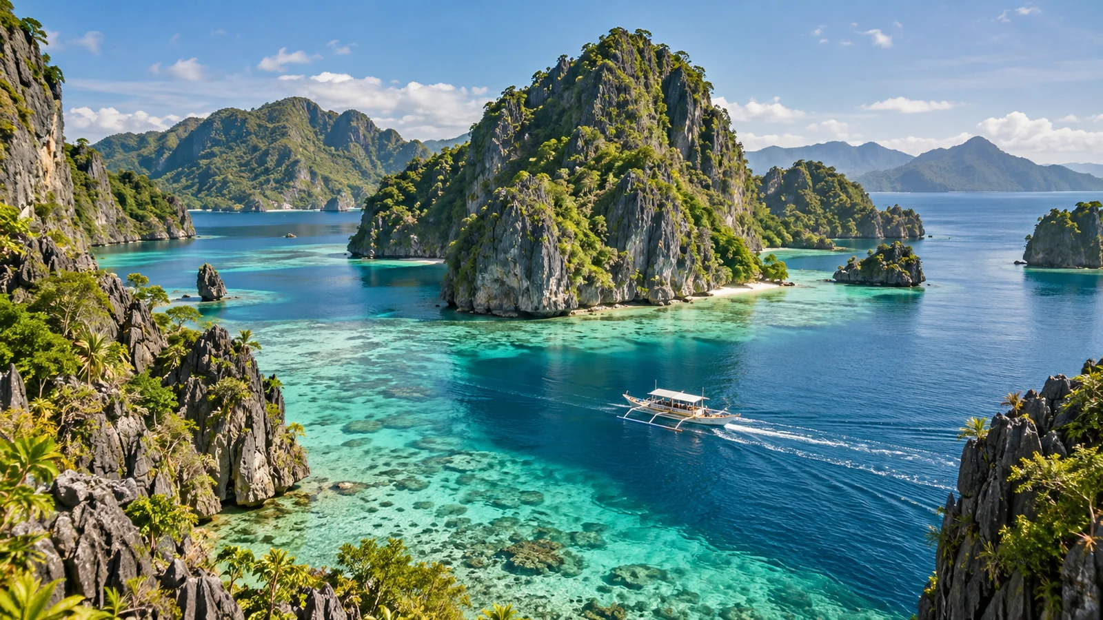 Traditional outrigger boat among limestone islands and turquoise water in Palawan