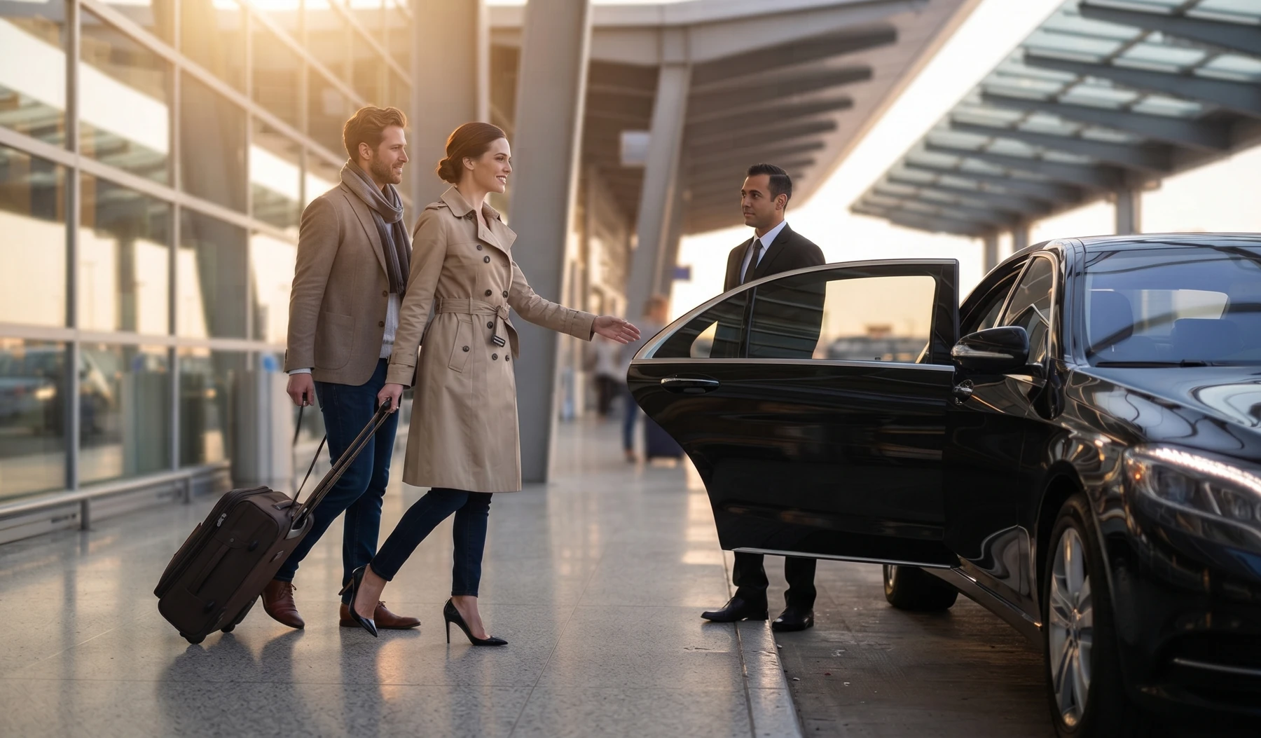 Travelers with luggage meeting a driver beside an airport transfer vehicle
