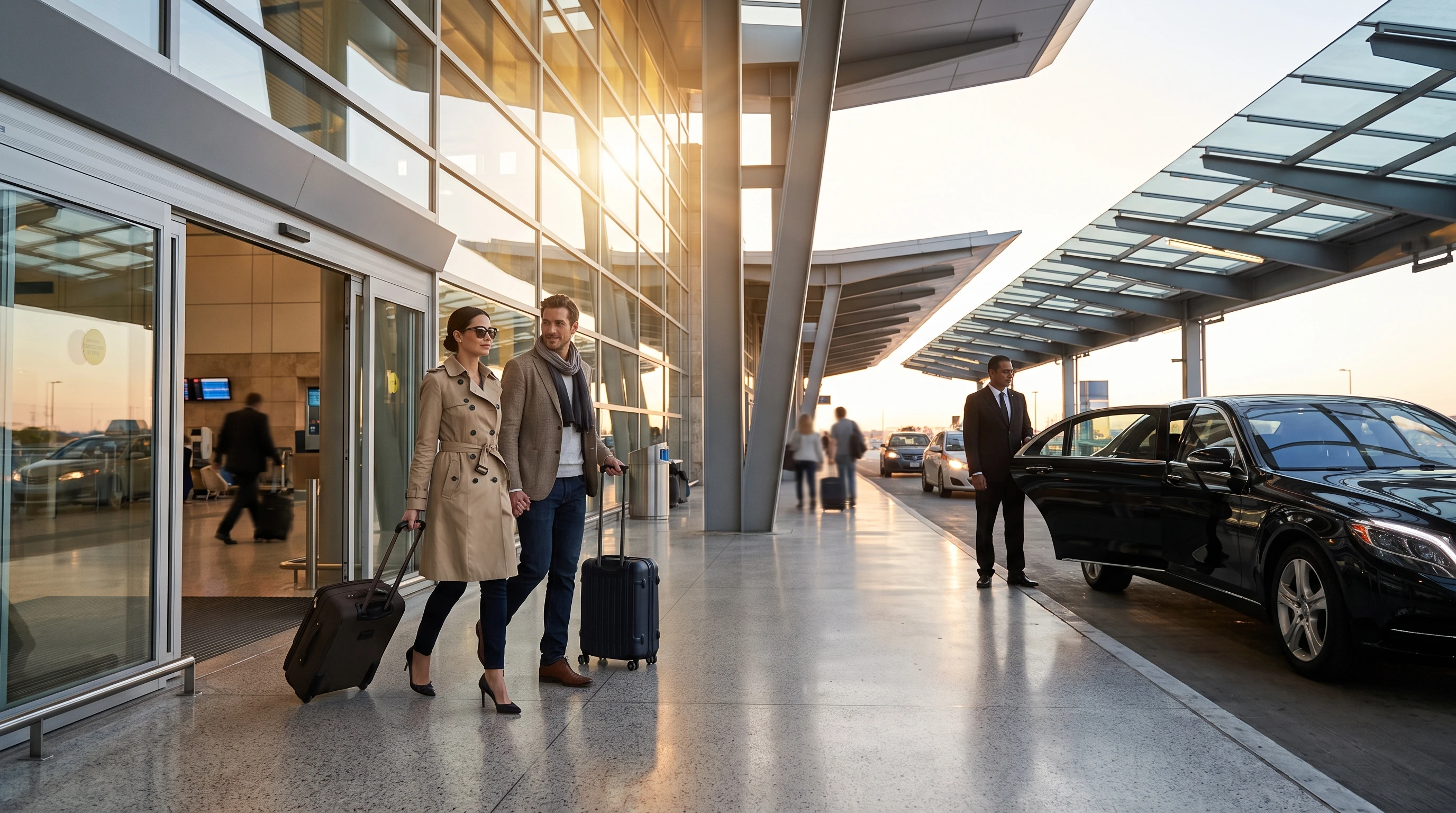 Traveler leaving an airport with luggage beside a pre-booked transfer vehicle