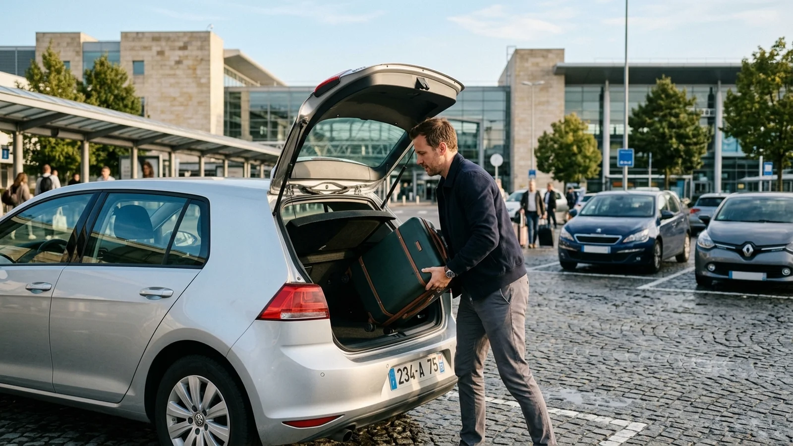 Traveler loading luggage into a rental car at an airport pickup area