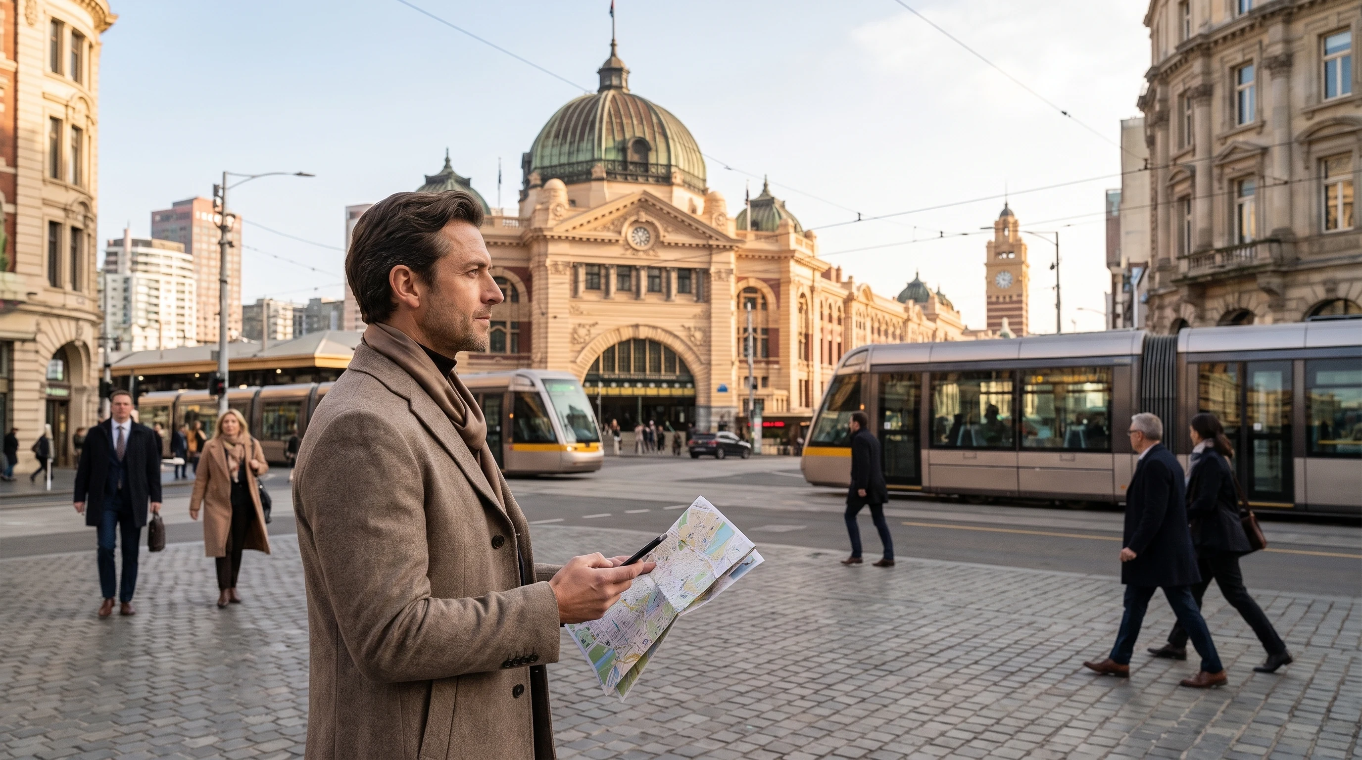 Traveler consulting a city map and smartphone in front of historic city landmarks and transit