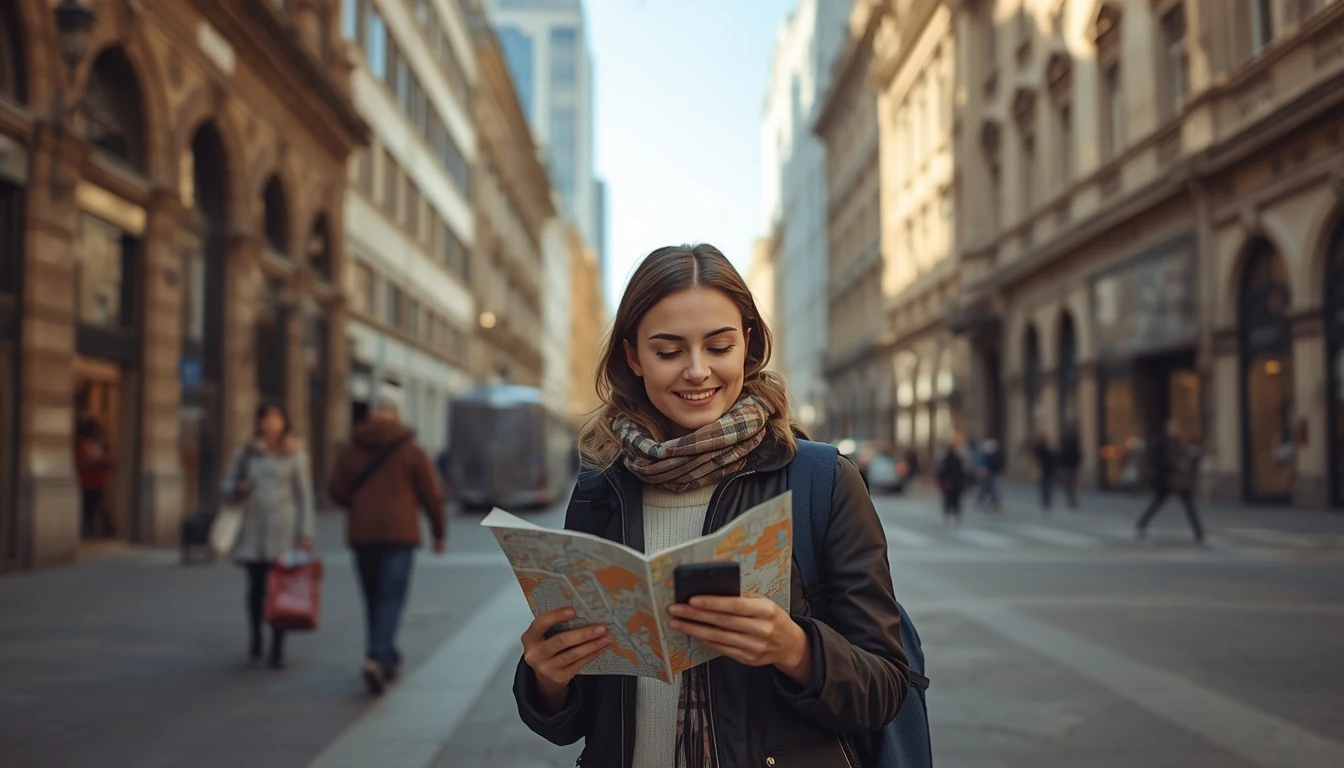 Traveler with city map and smartphone visiting historic cultural attractions