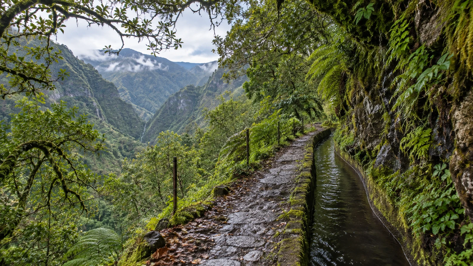 Stone levada channel and lush green mountain landscape in Madeira